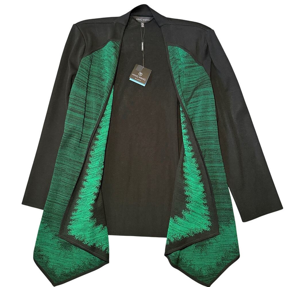 MING WANG Women XL Knit Cardigan Open Front Black Green Abstract Pattern